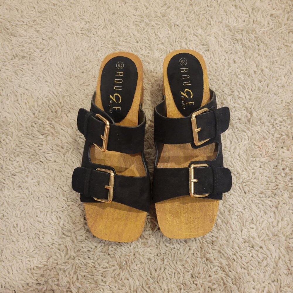 SOLD 👠New Black Wood Clog Wedge Platform Suede Buckle Sandal Shoe Slip On Sl💃 - Picture 4 of 10